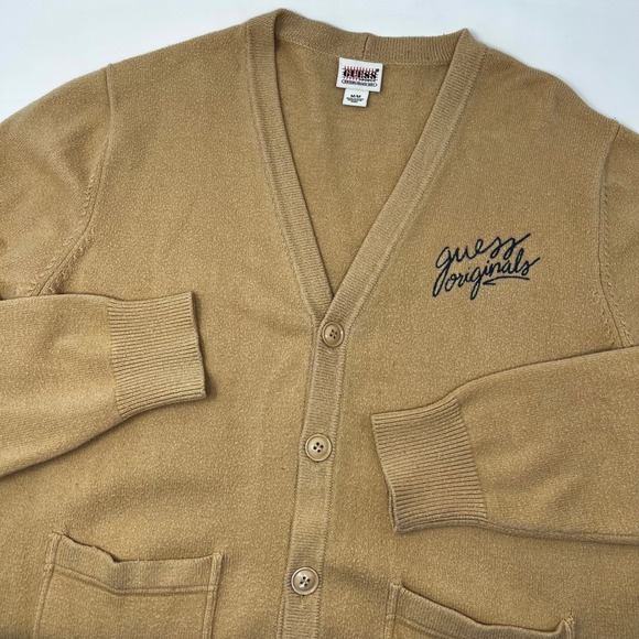 Guess Sweaters - Vintage Guess Originals Tan Embroidered Logo Button Front Cardigan Sweater M